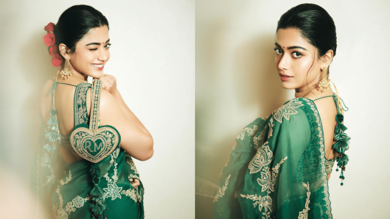 Rashmika Mandanna’s potli bag, adorned with her initials, is a lavish statement piece we’re totally on board with.