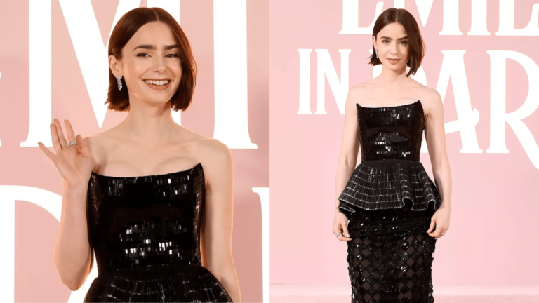 Emily in Paris Season 4 Premiere: Lily Collins Dazzles in a Black Sequined Armani Privé Gown on the Pink Carpet